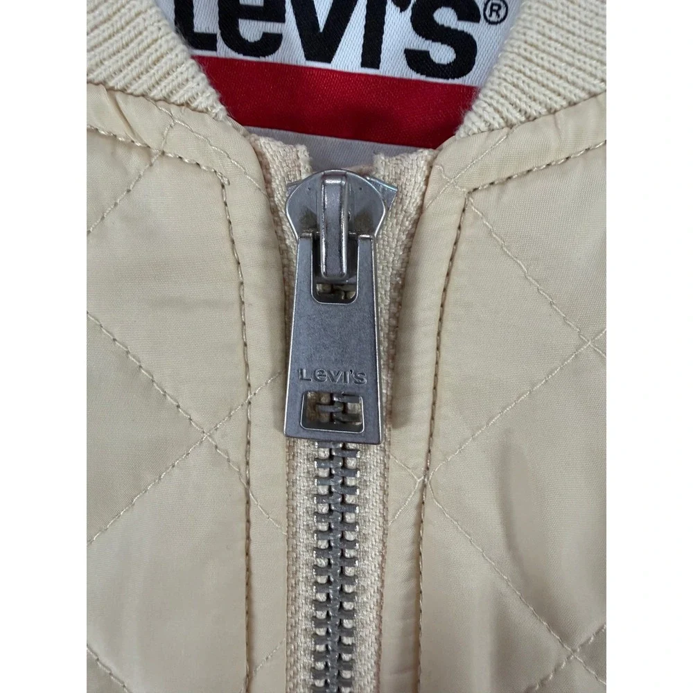 Levis Quilted Bomber Jacket Cream Beige Mens Medium Full Zip Diamond Puffer